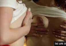 Brunette teen fingers hairy pussy in black stockings garters no panties