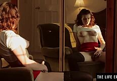 Brunette teen fingers hairy pussy in black stockings garters no panties