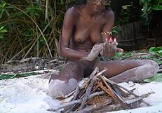 Skinny Naked African Girl Cooks Medicine for Granny in Forest