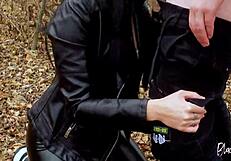 Outdoor facefuck thrills this long-haired brunette teen in leather leggings craving huge cock cumshots