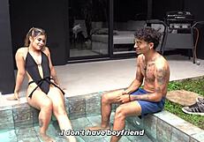 Blonde Big Ass Carolina Agudelo Pampers Tattooed Boyfriend Thiago with Outdoor Pool Sex