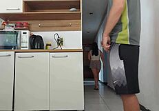 Risky Kitchen Fuck With Hubby's Friend While He Showers