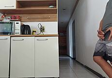 Risky Kitchen Fuck With Hubby's Friend While He Showers