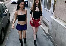 two cute italian girlfriends flash juicy tits outdoors then lick shaved pussies publicly