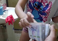 Maid sucks cock for cash then rides it creampie style!