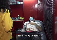 cock piercing threesome ends with mei pang cumshot on john lemon huge dick