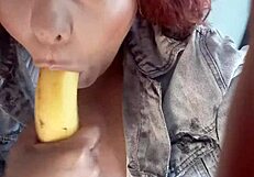 Ginger Paris Sucks Banana in Hairy Pussy Play