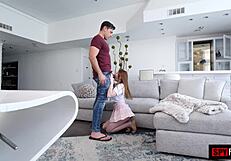 Petite redhead stepdaughter gulps stepdad's monster cock after boyfriend flees, swallows cum