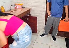 Housewife seduces plumber flashing short skirt no panties underneath