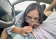 she sneaks a deepthroat blowjob therapy in his car before getting caught in public
