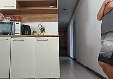 risky kitchen sex while husband showers i fuck his friend bareback deep moan almost caught