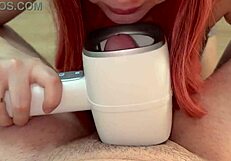 redhead stepdaughter uses hair dryer toy on stepdad's monster cock while licking big natural tits