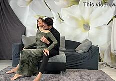 my oiled big ass friend rides cock wild on couch from doggy to cowgirl cum swallow