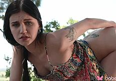 Brunette Nany Mill Fingers Shaved Pussy with Toy Outdoors in 4K