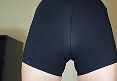 stepsister slips into tight shorts then flashes her huge hairy pussy right there