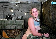 soldier girl's massive tits bounce as she fingers wet pussy to orgasm