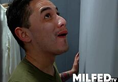 two milfs stumble on glory hole surprise in fitting room