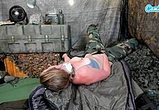 soldier girl's massive tits bounce as she fingers wet pussy to orgasm