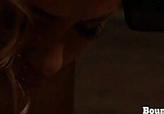 dominant madame spanks and humiliates bound submissive lesbian slave bent over