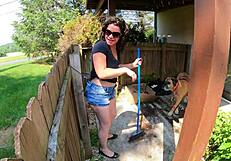 curvy brunette milf flashes huge ass wedgie in public outdoor humiliation