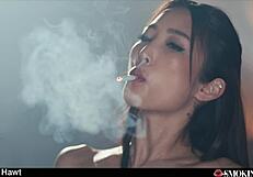 sexy leather japanese emiri smokes during doggystyle cumshots