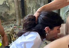 Intense Three Guys Ravish Brunette in Abandoned House Orgy