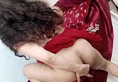 moaning arabic beauty in red saree fingers wet pussy and shoves dildo deep in ass alone