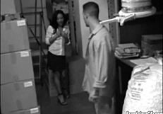 Hot babe sucks big cock then fucks pussy hard in stock room