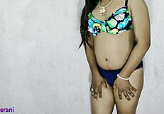 Indian shemale in blue bikini crossdresses with big cock tease