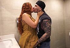 Distracted Busty Redhead Enters Men's Bathroom Craves Huge Cock