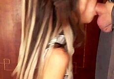 Petite Maid Candie Cross Kneels to Sloppily Polish Huge Cock