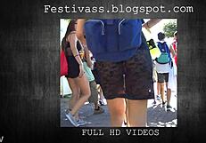 festivass tight miniskirt reveals thong panties in public leggings