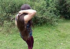 Amateur stepmom flashes huge tits ass and fat pussy lips to stepson in forest wildness