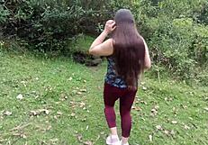 Amateur stepmom flashes huge tits ass and fat pussy lips to stepson in forest wildness