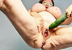 granny stuffs pussy with banana cucumber pleasure