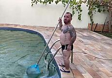 hot boss pays tiny pool boy with tight pussy creampie and cum swap